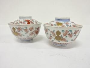 古伊万里　染付　金彩　赤絵　蓋茶碗　2客